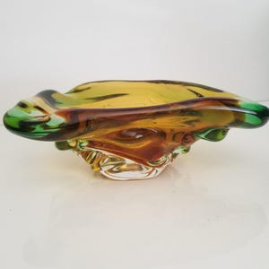 Vintage Amber Green Czech Niagara Glass bowl by Karel Zemek for Mstisov in flawless vintage condition