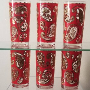Ensemble de six verres à whisky Culver vintage du milieu du siècle, en or 22 carats, doré, style bohème, style Régence, cachemire rouge, à l&#39;état neuf 100/100