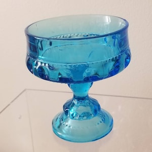 Vintage Colony Glass company Blue Kings Crown Thumbprint Compote Capri Blue