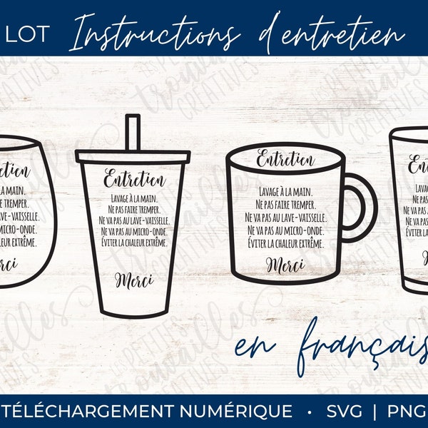 SVG - FRANÇAIS Instructions d'entretien pour verre/tasse/gobelet, fichier numérique impression et découpe, consigne nettoyage, lavage