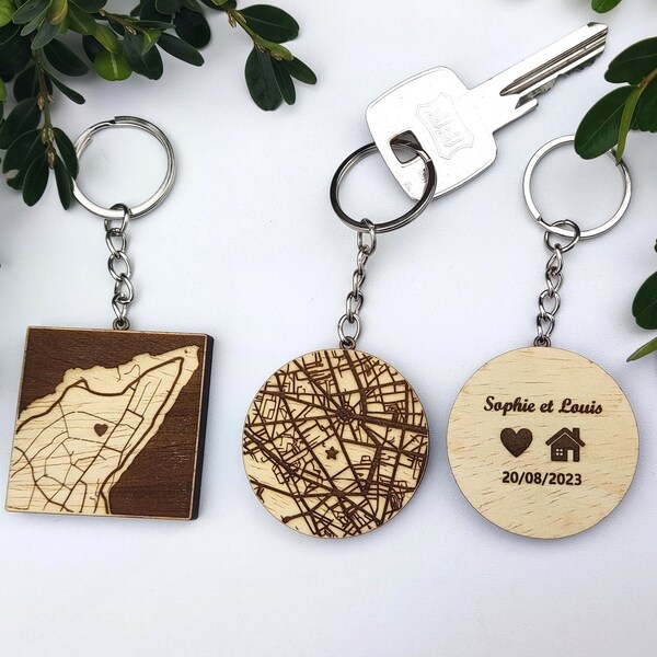 Carte Porte clé Personnalisé en bois Géo map pour Saint Valentin, mariage rencontre Cadeau couple pour elle  lui  Pendentif, Mariage fete!