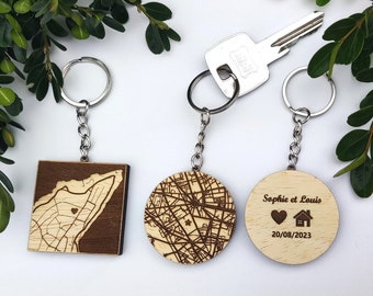 Carte Porte clé Personnalisé en bois Géo map pour Saint Valentin, mariage rencontre Cadeau couple pour elle  lui  Pendentif, Mariage fete!