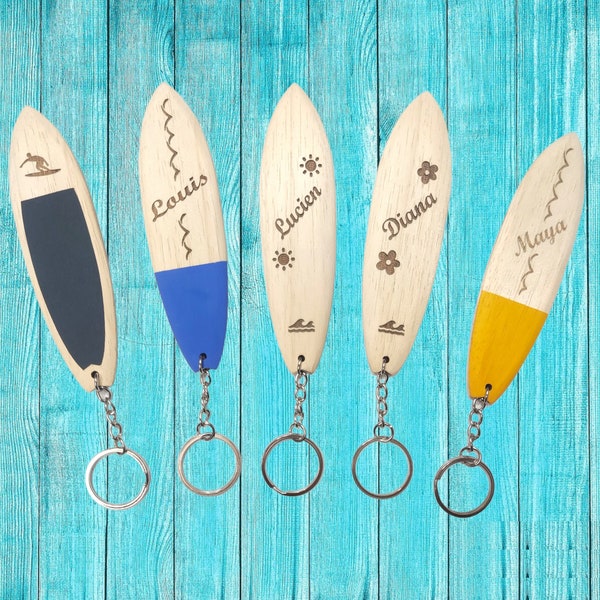 Planche de Surf Porte Clé Personnalisé en Bois, Cadeau personnalisé, idée cadeau Miniature faite à la main. Avec nom gravé, accessoire plage