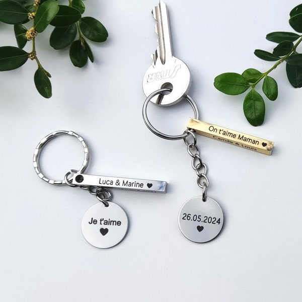 Keyring Pendant Steel Bar Woman / Man with engraving of a letter, first names or Date Original gift For her For him / dad mom