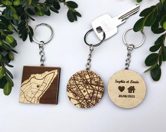 Carte Porte clé Personnalisé en bois Géo map pour Saint Valentin, mariage rencontre Cadeau couple pour elle  lui  Pendentif, Mariage fete!
