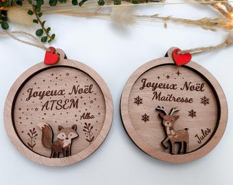 Boule de Noël en bois personnalisée, décoration de Noël, cadeau pour maîtresse, nounou, marraine ou mamie