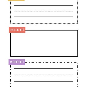 May include: A printable worksheet with three sections labeled "Read It!", "Build It!" and "Write It!" Each section has a dashed border and lined space for writing.