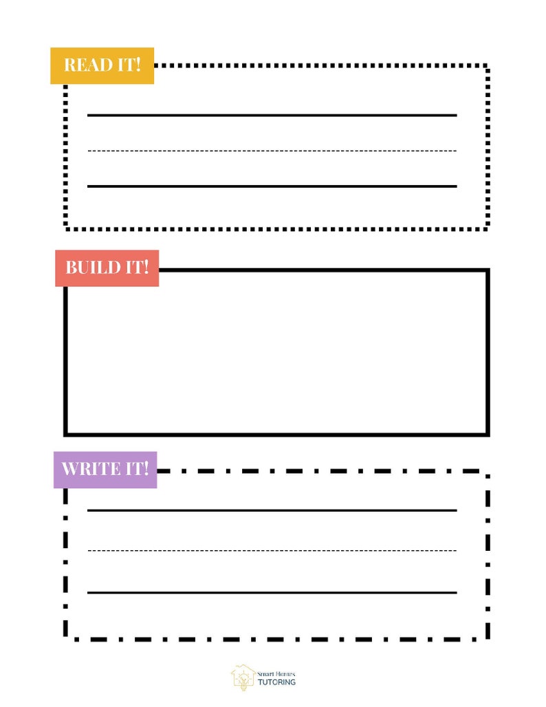 May include: A printable worksheet with three sections labeled "Read It!", "Build It!" and "Write It!" Each section has a dashed border and lined space for writing.