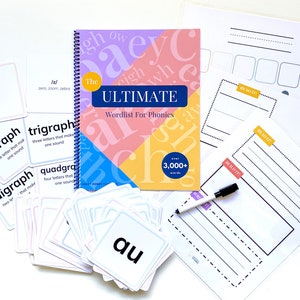 May include: A colorful book titled "The Ultimate Wordlist for Phonics" with over 3,000 words. The book is open to a page with a pink, blue, and yellow design. There are also several flash cards with different letter combinations and the word "au" on one card.