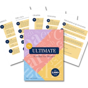 以下が含まれることがあります： 「The Ultimate Wordlist for Phonics」というタイトルのカラフルなフォニックスガイドで、3,000語以上を収録しています。このガイドは、母音、子音、2文字表記、3文字表記、4文字表記など、さまざまなフォニックスの音とスペルを紹介しています。