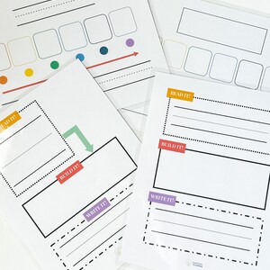 May include: Four printable worksheets with colorful borders and lines for writing. The worksheets have the words "Read It!", "Build It!" and "Write It!" on them.