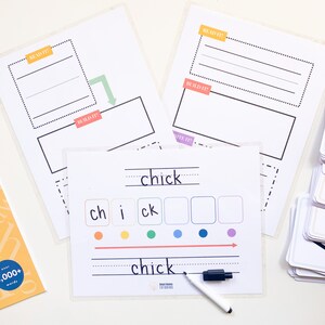 May include: A printable worksheet for learning to spell the word "chick". The worksheet includes a section to read the word, build the word with letter tiles, and write the word. The word is broken down into the sounds "ch", "i", and "ck". There are also color-coded circles to represent the sounds.