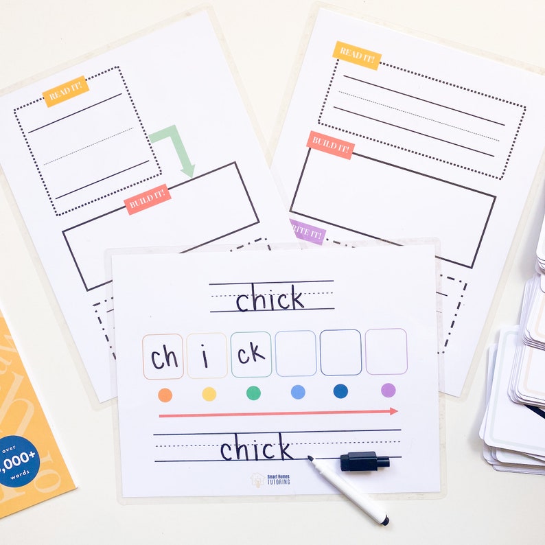 May include: A printable worksheet for learning to spell the word "chick". The worksheet includes a section to read the word, build the word with letter tiles, and write the word. The word is broken down into the sounds "ch", "i", and "ck". There are also color-coded circles to represent the sounds.
