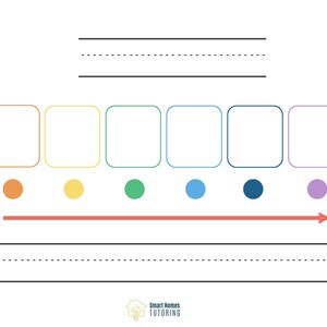 May include: A blank timeline with six empty boxes, each with a different colored dot underneath. The timeline has a red arrow pointing to the right. The colors of the dots are orange, yellow, green, blue, dark blue, and purple.
