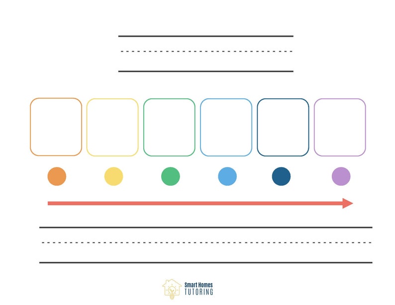 May include: A blank timeline with six empty boxes, each with a different colored dot underneath. The timeline has a red arrow pointing to the right. The colors of the dots are orange, yellow, green, blue, dark blue, and purple.