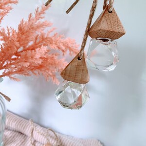 Puede incluir: Dos ambientadores de coche de madera y vidrio colgados de una cuerda marrón. Las piezas de madera son triangulares y las piezas de vidrio son facetadas.