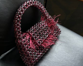 Handmade Multi Color Bead Bag, Burgundy Fringe