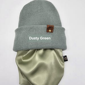 Satin gefütterte Mütze,Wintermützen für Männer,Frauen,Papa Mama Geburtstaggeschenk,satingefütterte Mützen,Beanie mit breitem Umschlag, Dusty Green