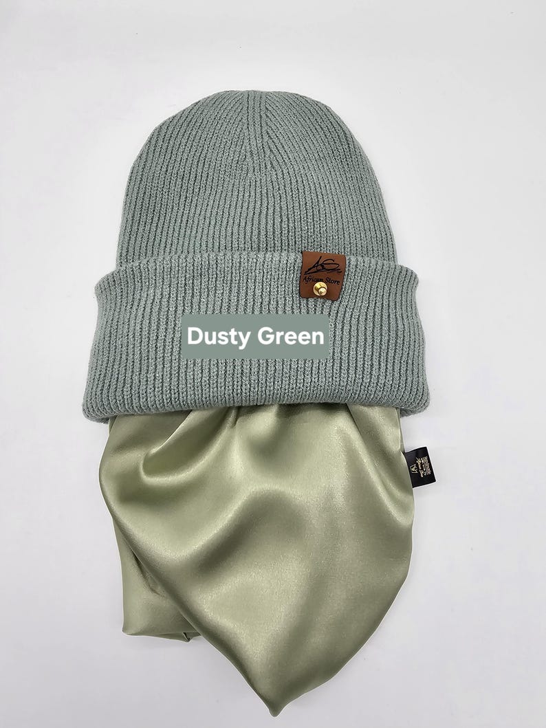 Satin gefütterte Mütze,Wintermützen für Männer,Frauen,Papa Mama Geburtstaggeschenk,satingefütterte Mützen,Beanie mit breitem Umschlag, Dusty Green