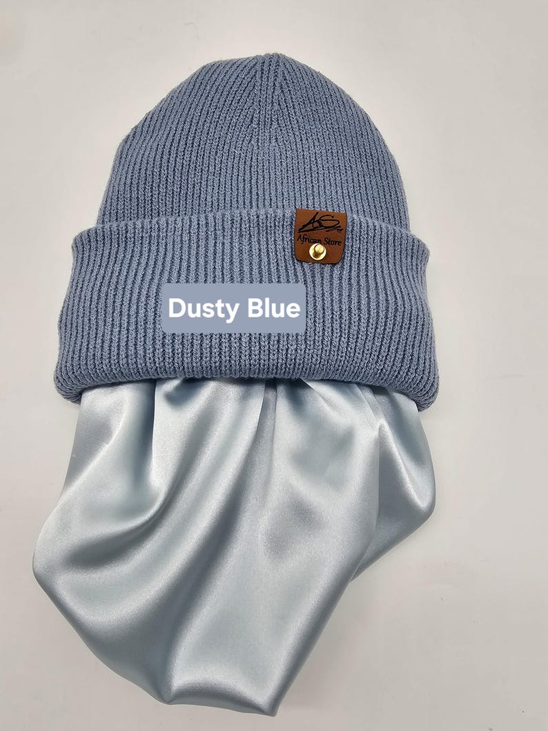 Satin gefütterte Mütze,Wintermützen für Männer,Frauen,Papa Mama Geburtstaggeschenk,satingefütterte Mützen,Beanie mit breitem Umschlag, Dusty Blue