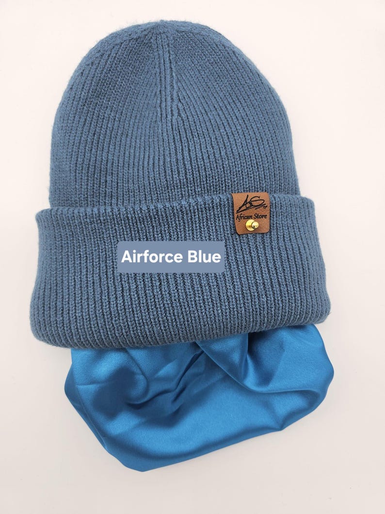 Satin gefütterte Mütze,Wintermützen für Männer,Frauen,Papa Mama Geburtstaggeschenk,satingefütterte Mützen,Beanie mit breitem Umschlag, Airforce Blue