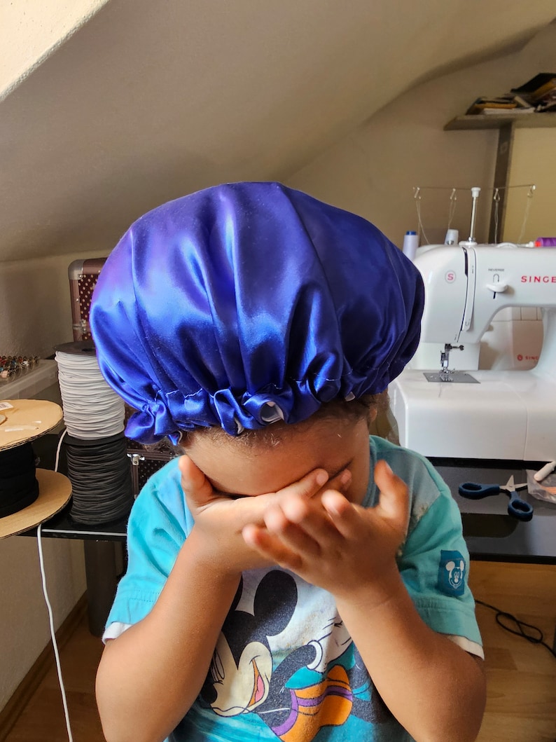 Kinder Satinhaube zum Schlafen. Dunkel/Hellblau Schlafhaube Seide Locken Schlafmütze Kind Nachthaube Mädchen Geschenk für sie Satin bonnet Bild 4