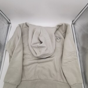 May include: A light gray hooded sweatshirt with a drawstring hood and long sleeves.