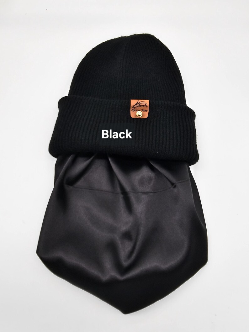 Satin gefütterte Mütze,Wintermützen für Männer,Frauen,Papa Mama Geburtstaggeschenk,satingefütterte Mützen,Beanie mit breitem Umschlag, Black