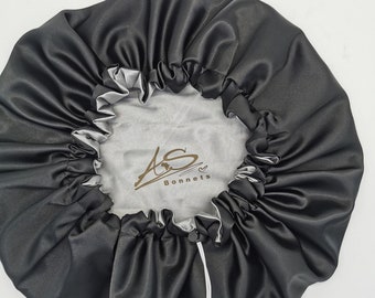 Satin-Schlafhaube Extra Groß | Doppellagig, Verstellbar Mit Bändern – Für Lockiges, Langes Haar, Schwarz