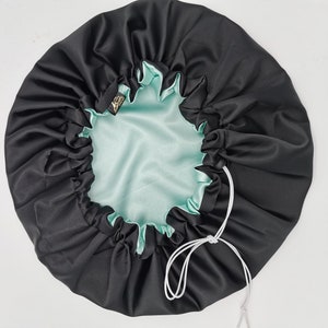Satin Schlafhaube Schwarz/Minzgrün für Erwachsene/für alle Haartypen und Frisur.Locken,Dreadlocks,/gefärbtes Haar,Perlenrücken,Zöpfe