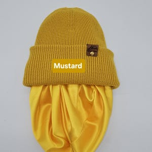 Satin gefütterte Mütze,Wintermützen für Männer,Frauen,Papa Mama Geburtstaggeschenk,satingefütterte Mützen,Beanie mit breitem Umschlag, Mustard