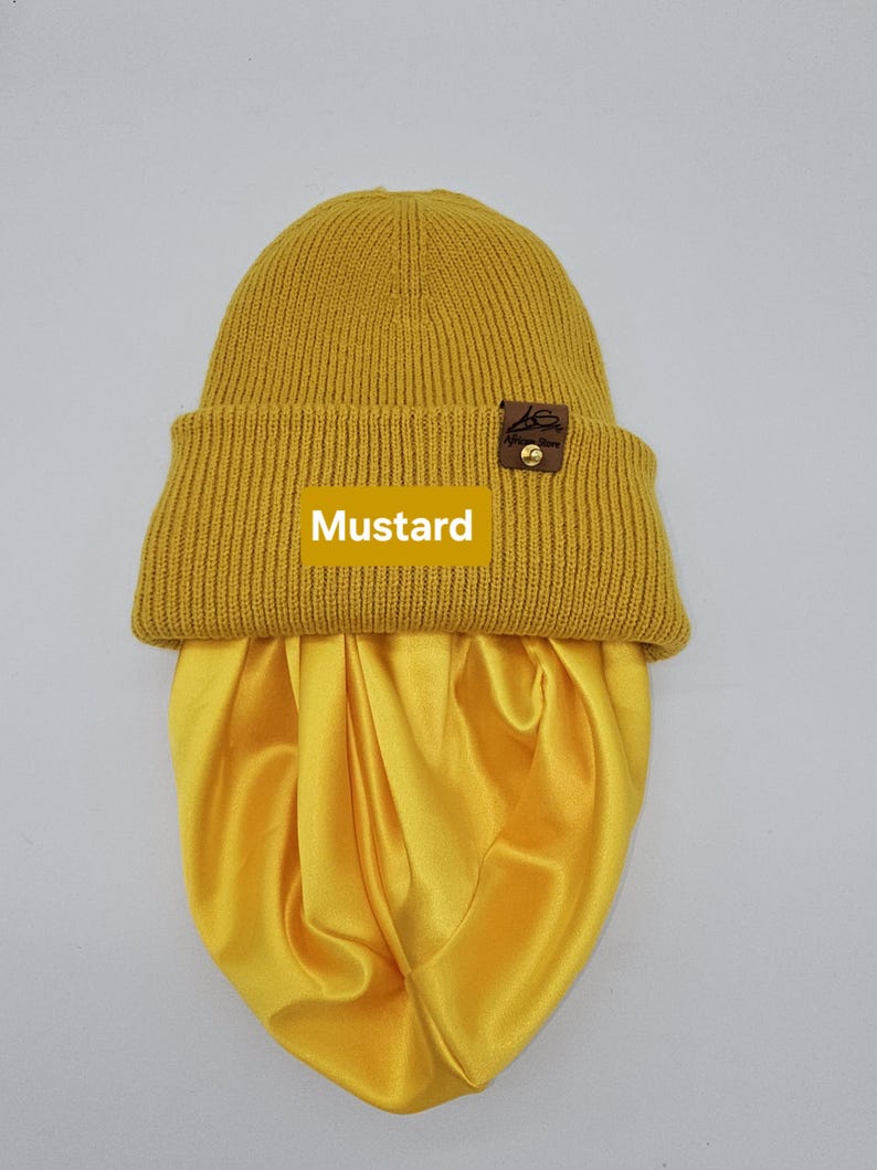 Satin gefütterte Mütze,Wintermützen für Männer,Frauen,Papa Mama Geburtstaggeschenk,satingefütterte Mützen,Beanie mit breitem Umschlag, Mustard