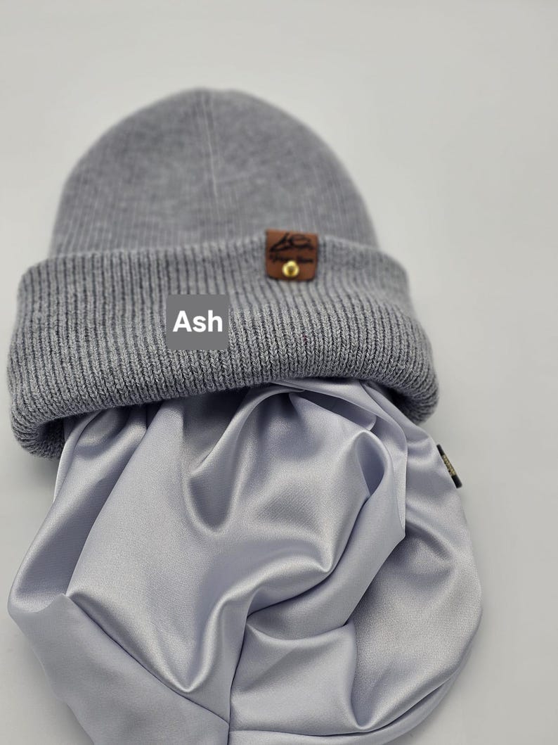 Satin gefütterte Mütze,Wintermützen für Männer,Frauen,Papa Mama Geburtstaggeschenk,satingefütterte Mützen,Beanie mit breitem Umschlag, Ash