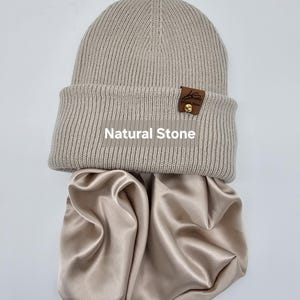 Satin gefütterte Mütze,Wintermützen für Männer,Frauen,Papa Mama Geburtstaggeschenk,satingefütterte Mützen,Beanie mit breitem Umschlag, Natural Stone