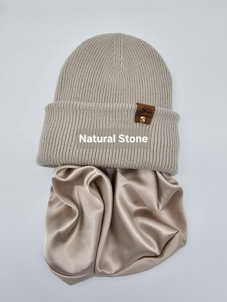 Satin gefütterte Mütze,Wintermützen für Männer,Frauen,Papa Mama Geburtstaggeschenk,satingefütterte Mützen,Beanie mit breitem Umschlag, Natural Stone