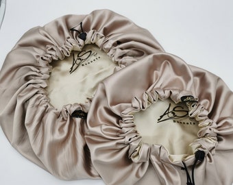 Mutter Tochter Schlafhaube Satin Beige Taupe  nacht Locken Haarhaube wendbar Bonnet Frauen Geschenk für sie Verstellbare Schlaf käppi