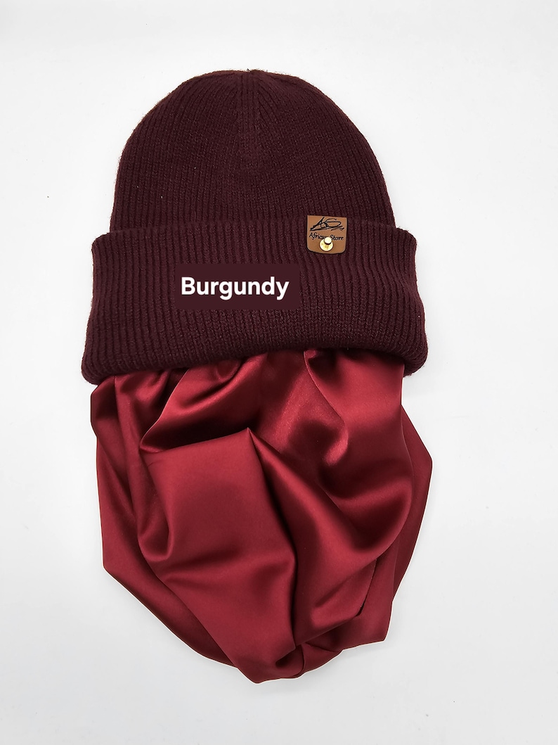 Satin gefütterte Mütze,Wintermützen für Männer,Frauen,Papa Mama Geburtstaggeschenk,satingefütterte Mützen,Beanie mit breitem Umschlag, Burgundy