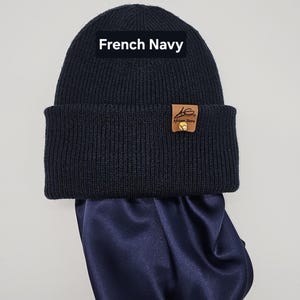 Satin gefütterte Mütze,Wintermützen für Männer,Frauen,Papa Mama Geburtstaggeschenk,satingefütterte Mützen,Beanie mit breitem Umschlag, French Navy