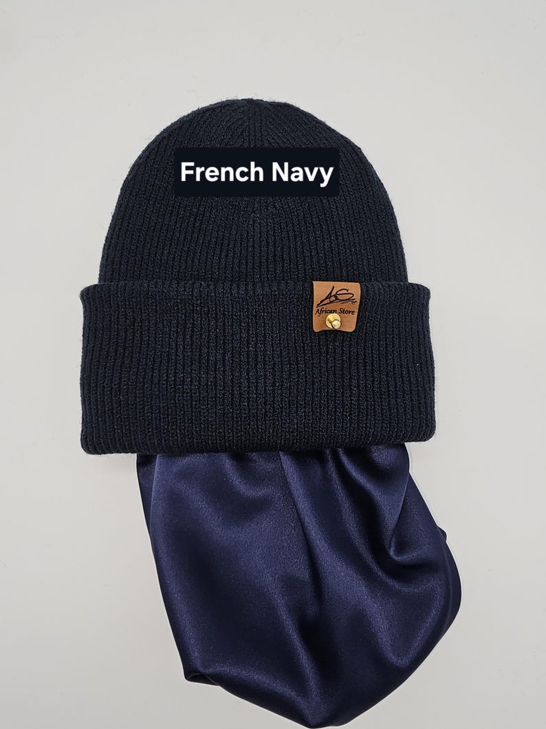 Satin gefütterte Mütze,Wintermützen für Männer,Frauen,Papa Mama Geburtstaggeschenk,satingefütterte Mützen,Beanie mit breitem Umschlag, French Navy