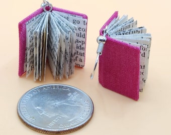 Miniature Book Earrings, Solid Book Cloth Cover, Small Books, Discarded Books, Handmade Bookbinding, Lightweight, Functional with Pages