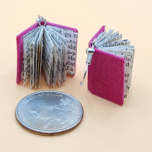 Miniature Book Earrings, Solid Book Cloth Cover, Small Books, Discarded Books, Handmade Bookbinding, Lightweight, Functional with Pages