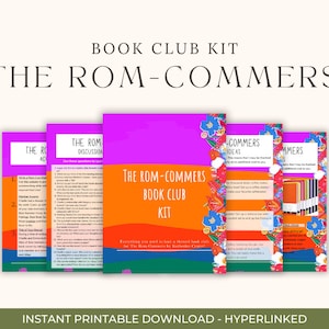Puede incluir: Un kit de club de lectura imprimible para "The Rom-Commers" de Katherine Center. El kit incluye preguntas de discusión, actividades e ideas para una reunión de club de lectura.