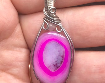 Wire Wrapped Pink Onyx Eye Druzy Pendant Necklace Handmade OOAK