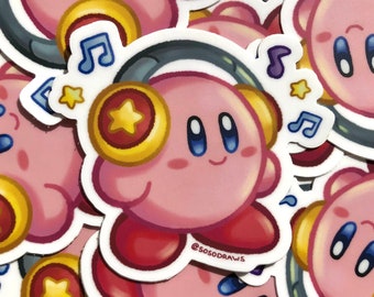Kirby With Headphones 3&quot; | Vinyl Kirby Sticker | Music Kirby | Cute Sticker | Video Game Sticker