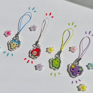 Tamagotchi Phone Charms | Mametchi, Itchigotchi, Kuchipatchi, and Violetchi | Acrylic Resin Charms | Trinkets for Accessorizing