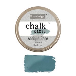 May include: A round tin of re-design with prima chalk paste in the color Antique Sage. The tin is 3.4 fluid ounces or 100 milliliters.