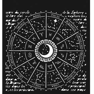 May include: A black and white illustration of a zodiac wheel with the constellations of the twelve signs of the zodiac. The wheel is surrounded by text in French, including the words "reure du cercle" and "de la Sphere". The text "Finnabair" appears at the bottom of the image.