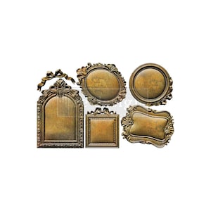May include: A collection of six antique-style frames in various shapes, including oval, round, and rectangular. The frames have ornate, detailed designs and a bronze-like finish, perfect for vintage-themed decor or crafts.
