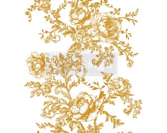 May include: A detailed, golden floral design on a white background. The image features large peony blooms, smaller flowers, and intricate scrollwork. The design is likely for decorative purposes, such as furniture transfers or wall art.