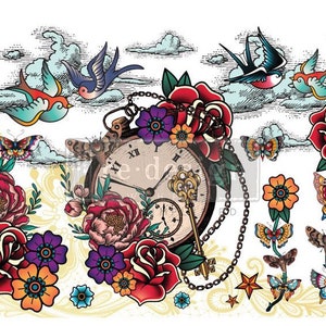 May include: A vintage-style illustration featuring a pocket watch with a key, surrounded by roses, butterflies, and birds. The watch face has Roman numerals and the words "e.d.a."